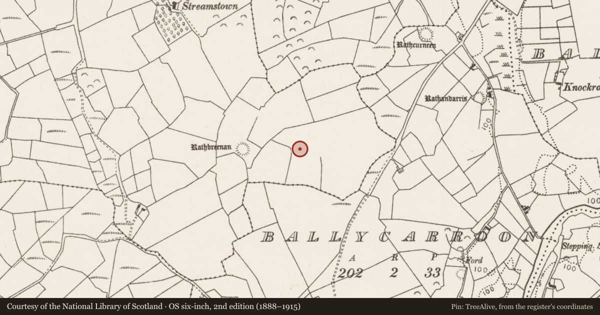Ordnance Survey six-inch map, 2nd edition (1888–1915) covering the location of Enclosure, Ballinlabaun, County Mayo, with a pin at the register's coordinates