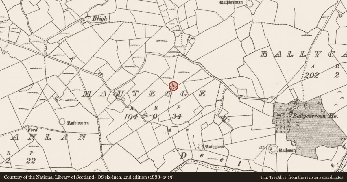 Ordnance Survey six-inch map, 2nd edition (1888–1915) covering the location of Burnt mound, Mauteoge, County Mayo, with a pin at the register's coordinates