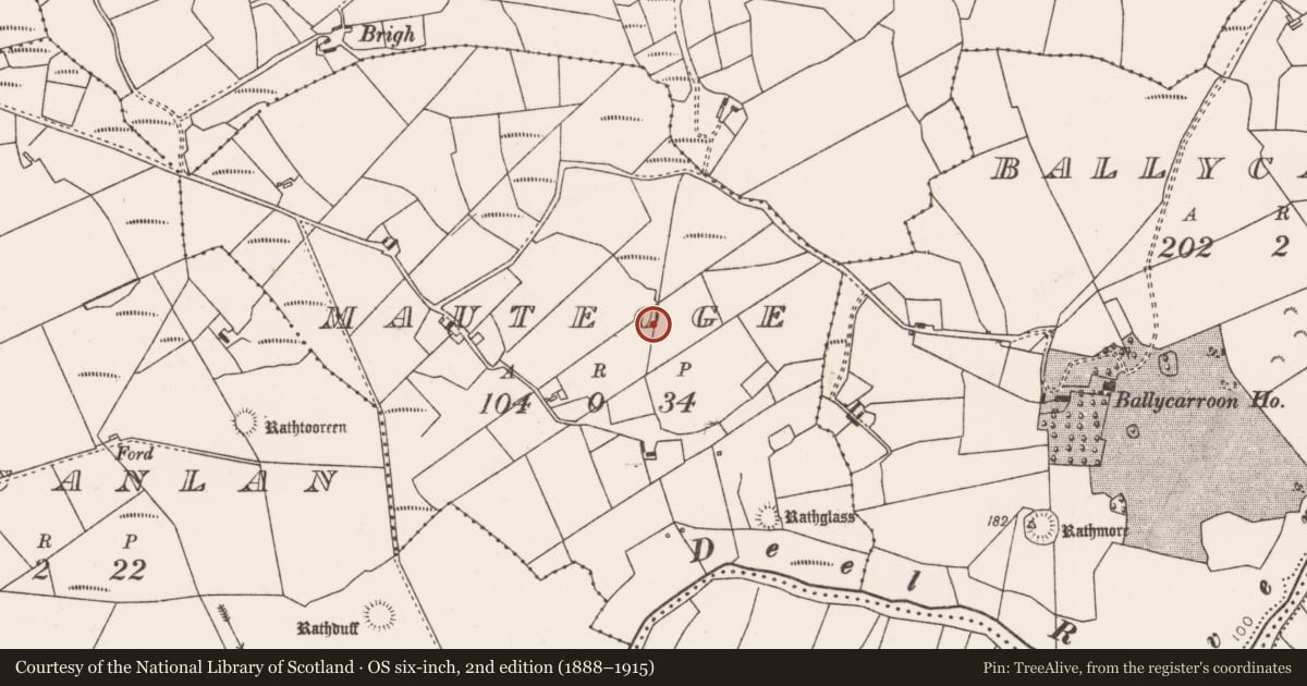 Ordnance Survey six-inch map, 2nd edition (1888–1915) covering the location of Burnt mound, Mauteoge, County Mayo, with a pin at the register's coordinates