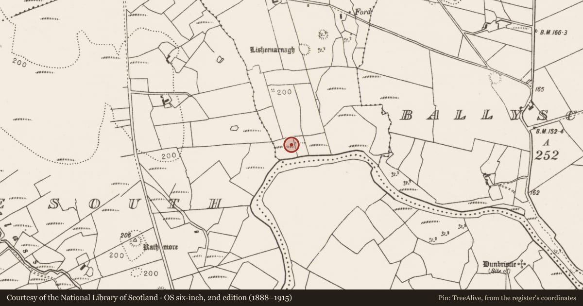 Ordnance Survey six-inch map, 2nd edition (1888–1915) covering the location of Burnt mound, Carrowkilleen, County Mayo, with a pin at the register's coordinates