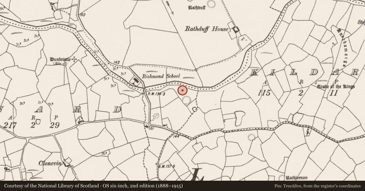 Ordnance Survey six-inch map, 2nd edition (1888–1915) covering the location of Fulacht fia, Rathmacostello, County Mayo, with a pin at the register's coordinates