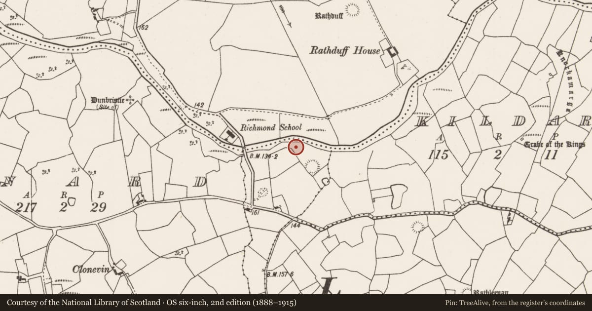 Ordnance Survey six-inch map, 2nd edition (1888–1915) covering the location of Burnt mound, Rathmacostello, County Mayo, with a pin at the register's coordinates