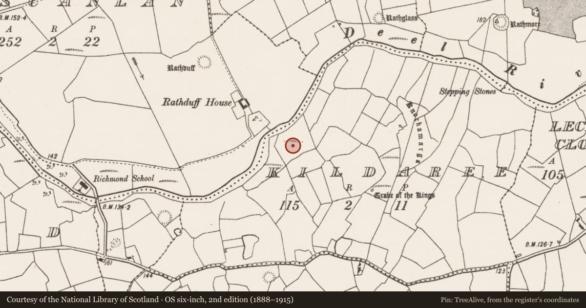 Ordnance Survey six-inch map, 2nd edition (1888–1915) covering the location of Burnt mound, Kildaree, County Mayo, with a pin at the register's coordinates