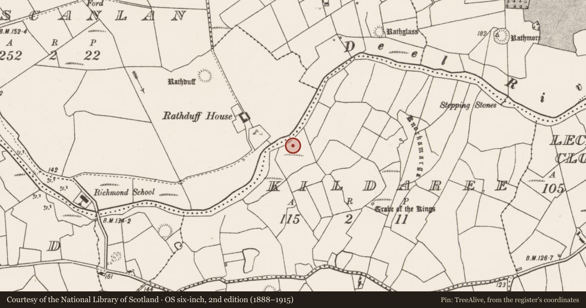 Ordnance Survey six-inch map, 2nd edition (1888–1915) covering the location of Burnt mound, Kildaree, County Mayo, with a pin at the register's coordinates