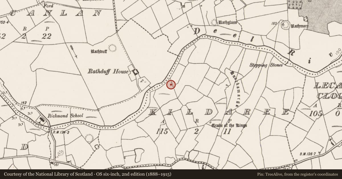 Ordnance Survey six-inch map, 2nd edition (1888–1915) covering the location of Burnt mound, Kildaree, County Mayo, with a pin at the register's coordinates