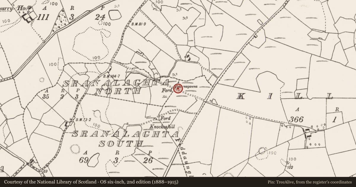 Ordnance Survey six-inch map, 2nd edition (1888–1915) covering the location of Burnt mound, Sranalaghta South, County Mayo, with a pin at the register's coordinates