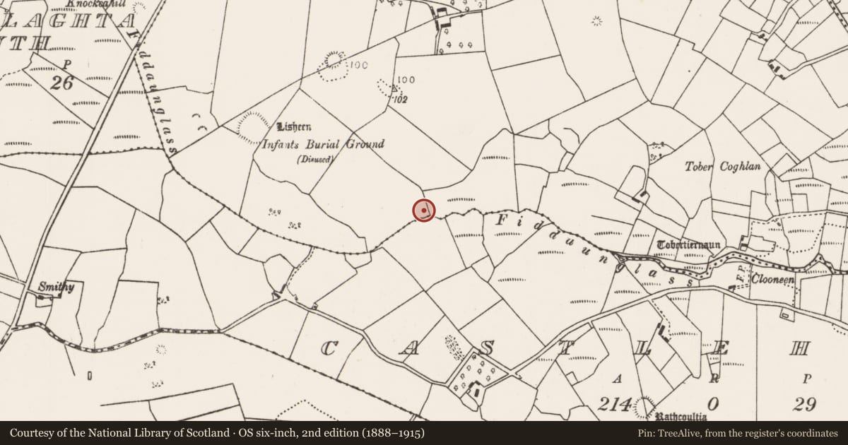 Ordnance Survey six-inch map, 2nd edition (1888–1915) covering the location of Fulacht fia, Killeen (Tirawley By., Crossmolina Par.), County Mayo, with a pin at the register's coordinates