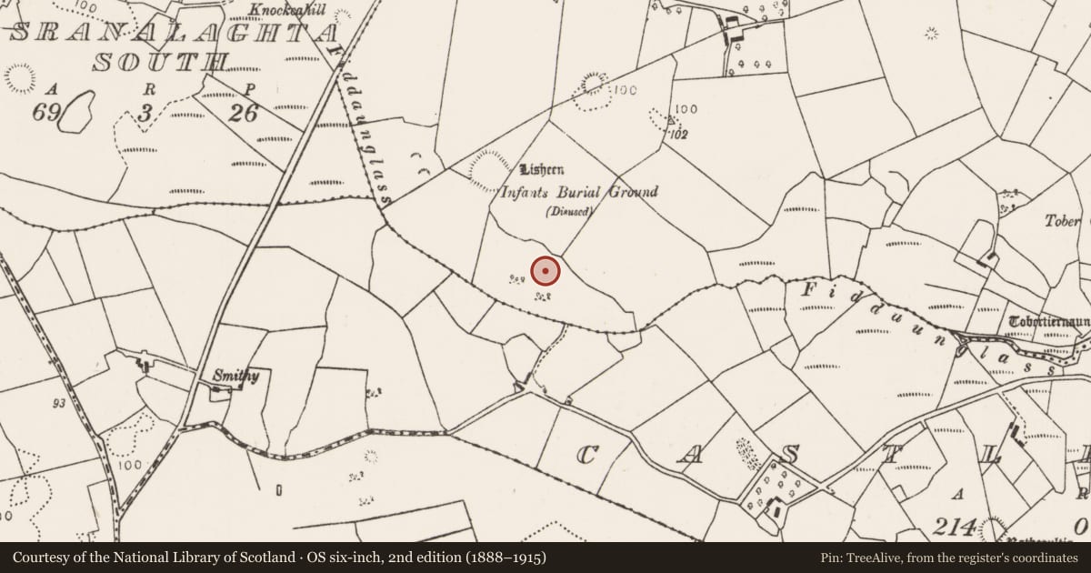 Ordnance Survey six-inch map, 2nd edition (1888–1915) covering the location of Fulacht fia, Killeen (Tirawley By., Crossmolina Par.), County Mayo, with a pin at the register's coordinates