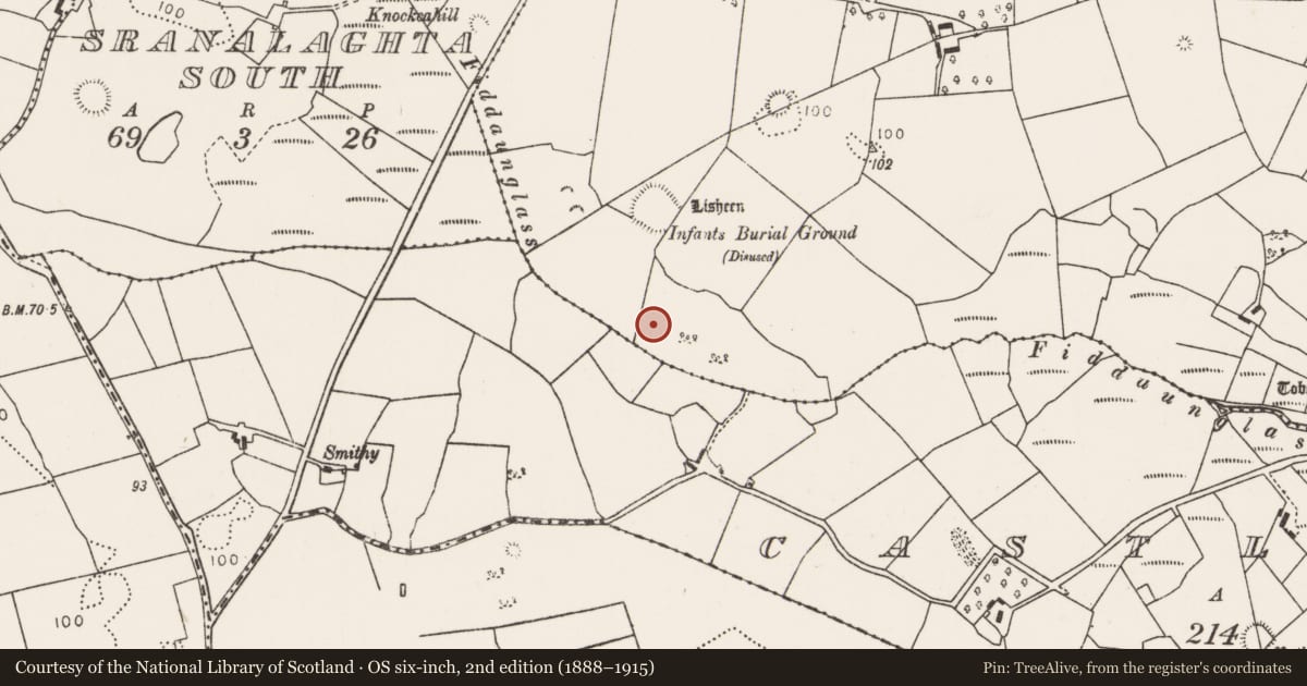 Ordnance Survey six-inch map, 2nd edition (1888–1915) covering the location of Fulacht fia, Killeen (Tirawley By., Crossmolina Par.), County Mayo, with a pin at the register's coordinates