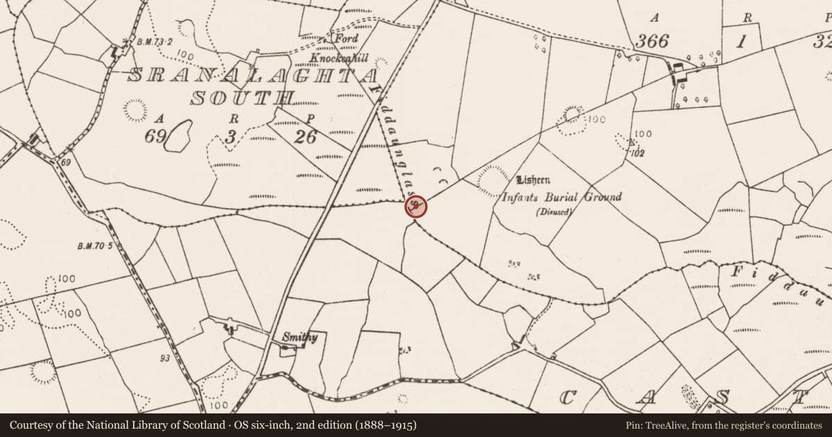 Ordnance Survey six-inch map, 2nd edition (1888–1915) covering the location of Burnt mound, Killeen (Tirawley By., Crossmolina Par.), County Mayo, with a pin at the register's coordinates