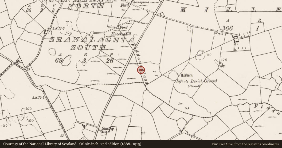 Ordnance Survey six-inch map, 2nd edition (1888–1915) covering the location of Burnt mound, Killeen (Tirawley By., Crossmolina Par.), County Mayo, with a pin at the register's coordinates