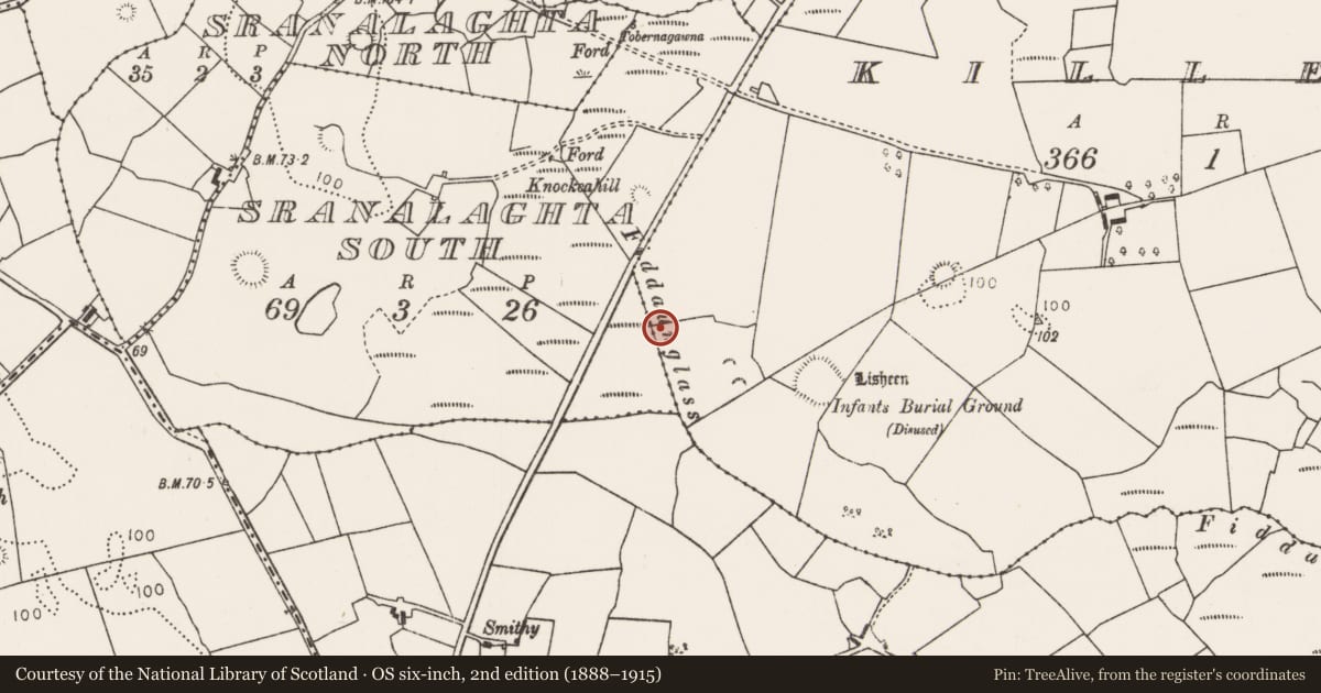 Ordnance Survey six-inch map, 2nd edition (1888–1915) covering the location of Burnt mound, Killeen (Tirawley By., Crossmolina Par.), County Mayo, with a pin at the register's coordinates