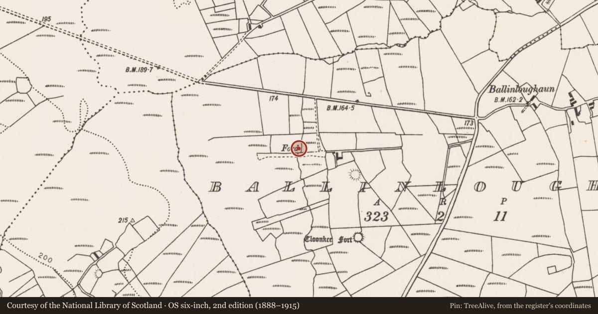 Ordnance Survey six-inch map, 2nd edition (1888–1915) covering the location of Burnt mound, Ballinloughaun, County Mayo, with a pin at the register's coordinates