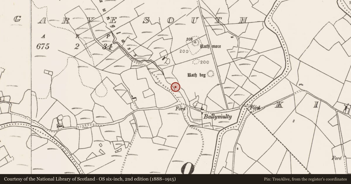 Ordnance Survey six-inch map, 2nd edition (1888–1915) covering the location of Fulacht fia, Carrowgarve South, County Mayo, with a pin at the register's coordinates