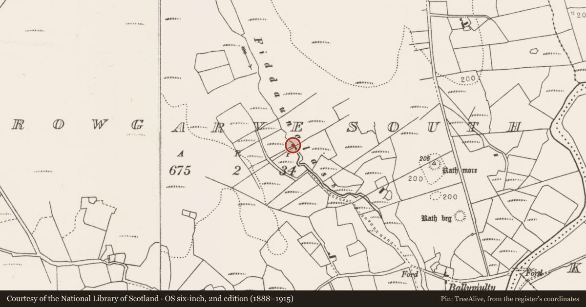 Ordnance Survey six-inch map, 2nd edition (1888–1915) covering the location of Burnt mound, Carrowgarve South, County Mayo, with a pin at the register's coordinates