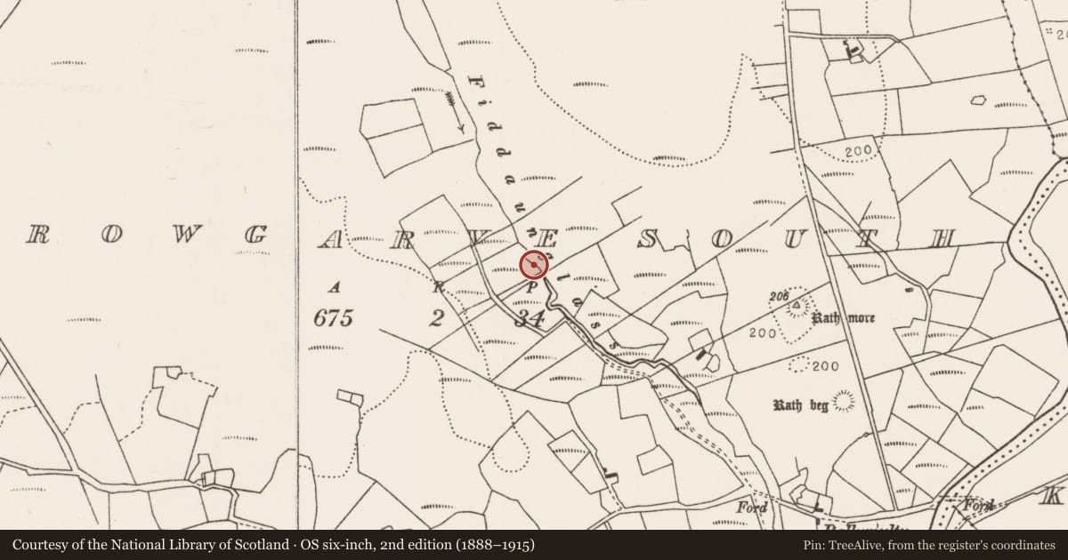Ordnance Survey six-inch map, 2nd edition (1888–1915) covering the location of Burnt mound, Carrowgarve South, County Mayo, with a pin at the register's coordinates