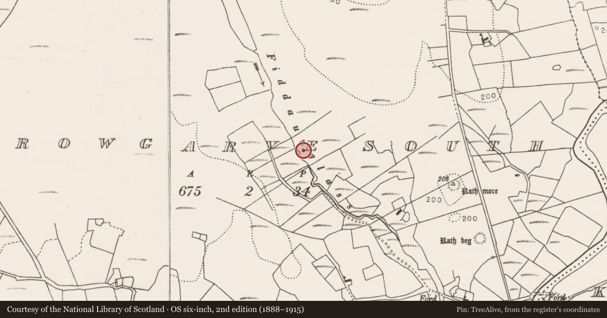 Ordnance Survey six-inch map, 2nd edition (1888–1915) covering the location of Burnt mound, Carrowgarve South, County Mayo, with a pin at the register's coordinates
