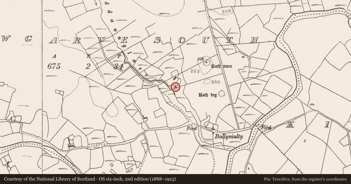 Ordnance Survey six-inch map, 2nd edition (1888–1915) covering the location of Burnt mound, Carrowgarve South, County Mayo, with a pin at the register's coordinates