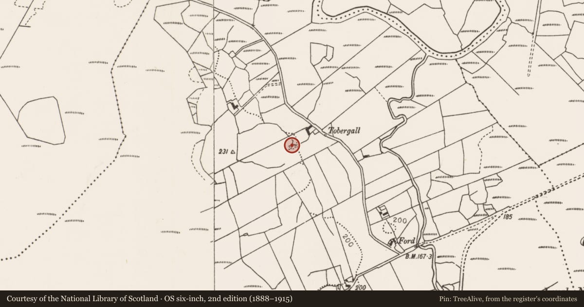 Ordnance Survey six-inch map, 2nd edition (1888–1915) covering the location of Children's burial ground, Killacorraun, County Mayo, with a pin at the register's coordinates
