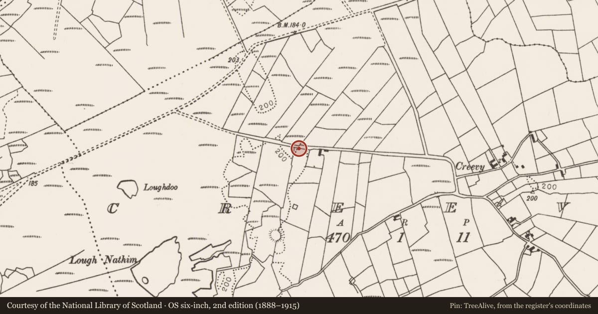 Ordnance Survey six-inch map, 2nd edition (1888–1915) covering the location of Megalithic tomb - unclassified, Creevy, County Mayo, with a pin at the register's coordinates
