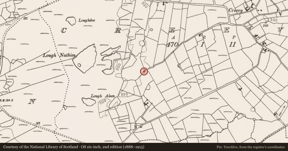 Ordnance Survey six-inch map, 2nd edition (1888–1915) covering the location of Enclosure, Creevy, County Mayo, with a pin at the register's coordinates