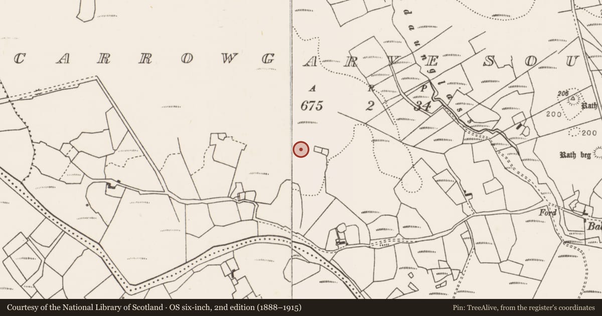 Ordnance Survey six-inch map, 2nd edition (1888–1915) covering the location of Enclosure, Carrowgarve South, County Mayo, with a pin at the register's coordinates