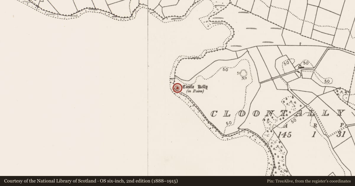 Ordnance Survey six-inch map, 2nd edition (1888–1915) covering the location of Castle - motte, Cloontally, County Mayo, with a pin at the register's coordinates