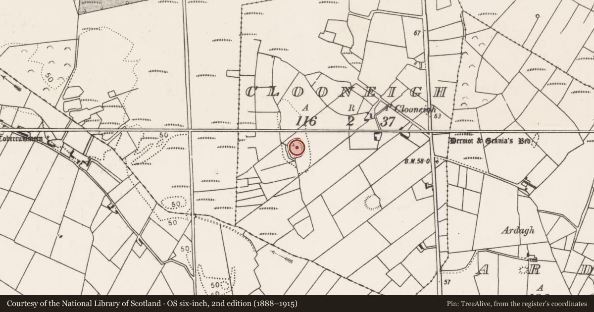Ordnance Survey six-inch map, 2nd edition (1888–1915) covering the location of Ringfort - rath, Clooneigh, County Mayo, with a pin at the register's coordinates