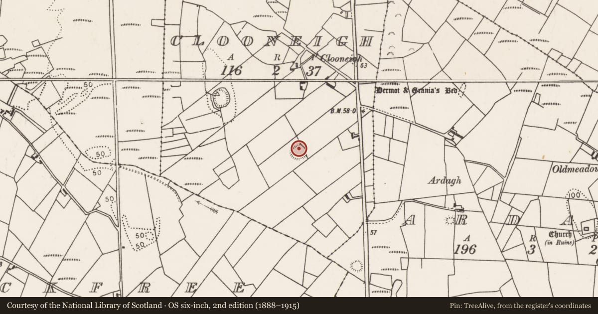 Ordnance Survey six-inch map, 2nd edition (1888–1915) covering the location of Ringfort - rath, Clooneigh, County Mayo, with a pin at the register's coordinates