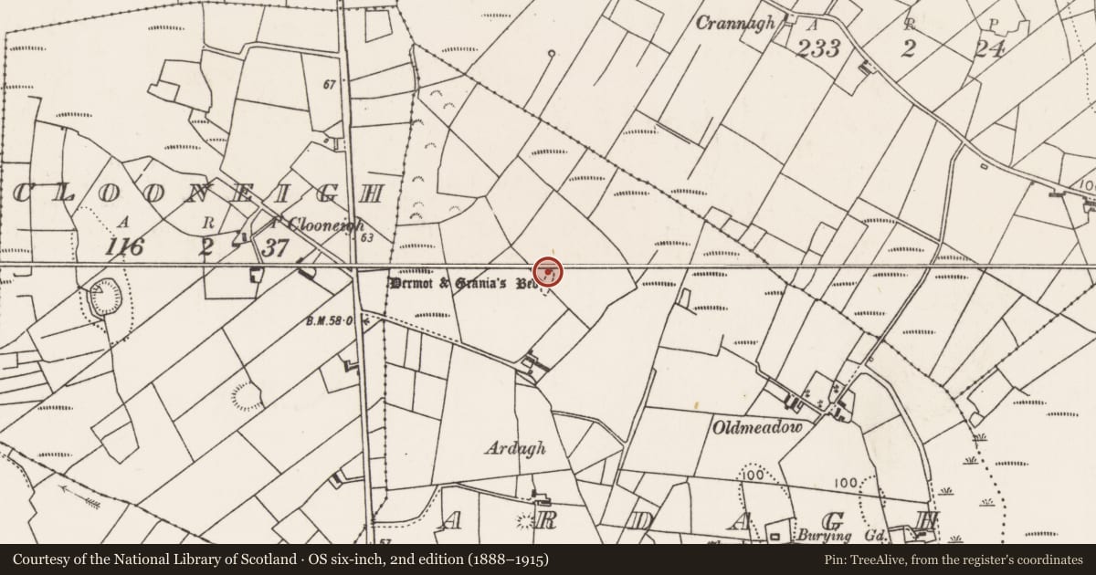 Ordnance Survey six-inch map, 2nd edition (1888–1915) covering the location of Megalithic tomb - court tomb, Ardagh, County Mayo, with a pin at the register's coordinates