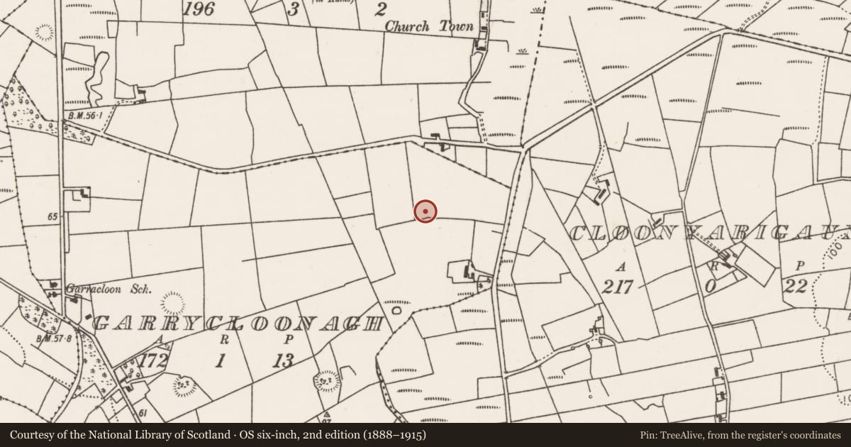 Ordnance Survey six-inch map, 2nd edition (1888–1915) covering the location of Enclosure, Garrycloonagh, County Mayo, with a pin at the register's coordinates