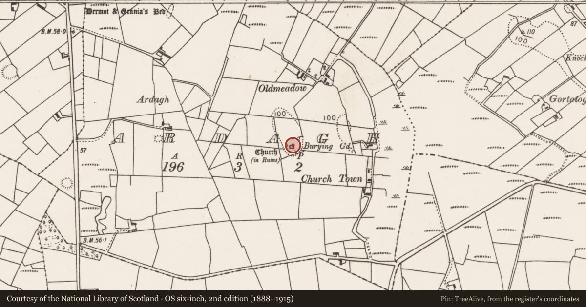 Ordnance Survey six-inch map, 2nd edition (1888–1915) covering the location of Church, Ardagh, County Mayo, with a pin at the register's coordinates