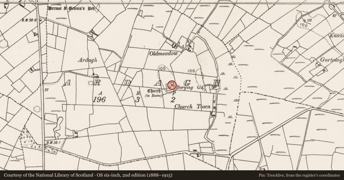 Ordnance Survey six-inch map, 2nd edition (1888–1915) covering the location of Graveyard, Ardagh, County Mayo, with a pin at the register's coordinates