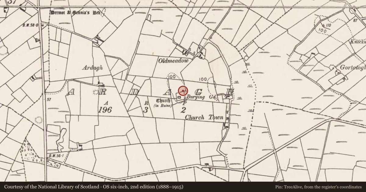 Ordnance Survey six-inch map, 2nd edition (1888–1915) covering the location of Bullaun stone, Ardagh, County Mayo, with a pin at the register's coordinates