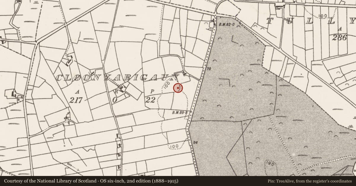 Ordnance Survey six-inch map, 2nd edition (1888–1915) covering the location of Enclosure, Cloonyarigaun, County Mayo, with a pin at the register's coordinates