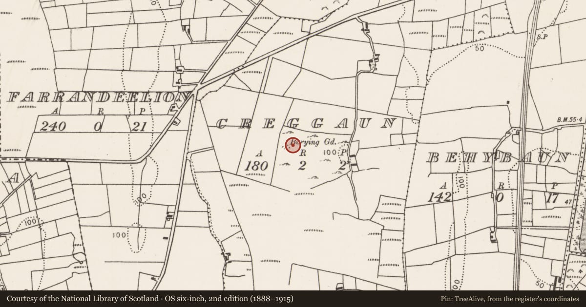 Ordnance Survey six-inch map, 2nd edition (1888–1915) covering the location of Megalithic tomb - court tomb, Creggaun, County Mayo, with a pin at the register's coordinates