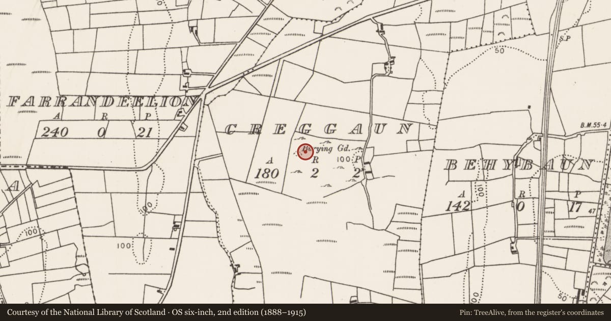 Ordnance Survey six-inch map, 2nd edition (1888–1915) covering the location of Children's burial ground, Creggaun, County Mayo, with a pin at the register's coordinates