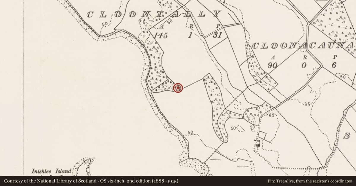 Ordnance Survey six-inch map, 2nd edition (1888–1915) covering the location of Enclosure, Cloontally, County Mayo, with a pin at the register's coordinates