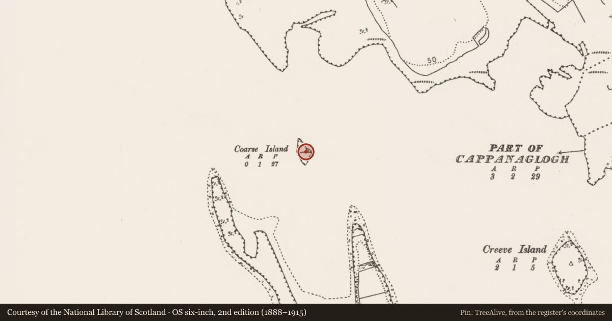 Ordnance Survey six-inch map, 2nd edition (1888–1915) covering the location of Crannog, Coarse Island, County Mayo, with a pin at the register's coordinates
