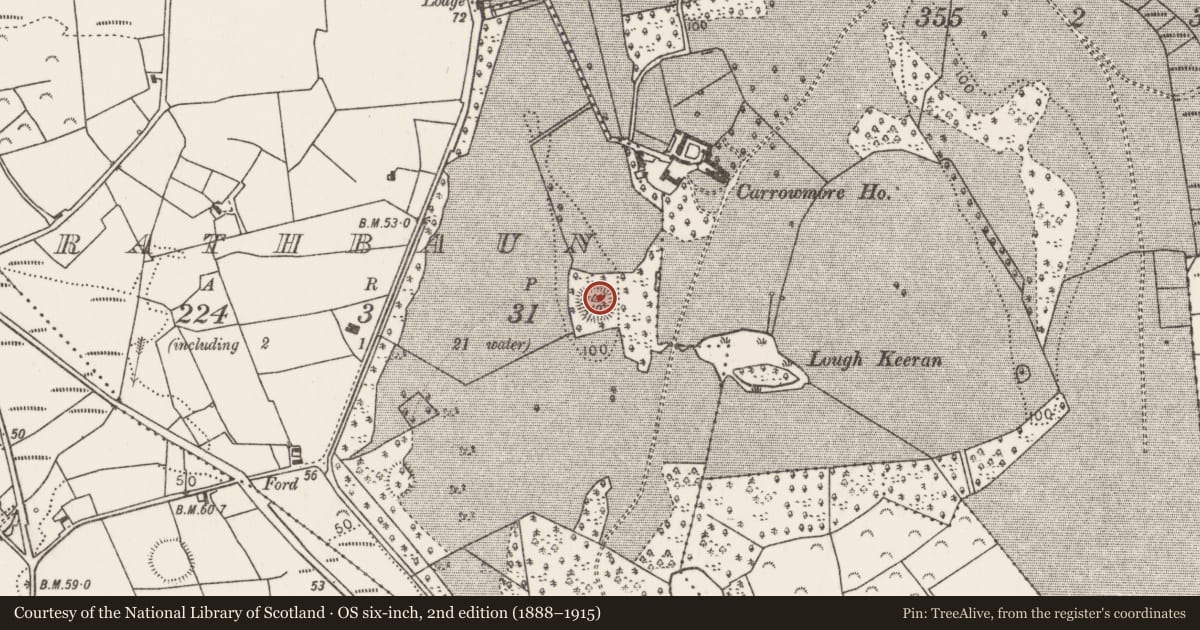 Ordnance Survey six-inch map, 2nd edition (1888–1915) covering the location of Ringfort - rath, Rathbaun (Tirawley By., Kilbelfad Par.), County Mayo, with a pin at the register's coordinates