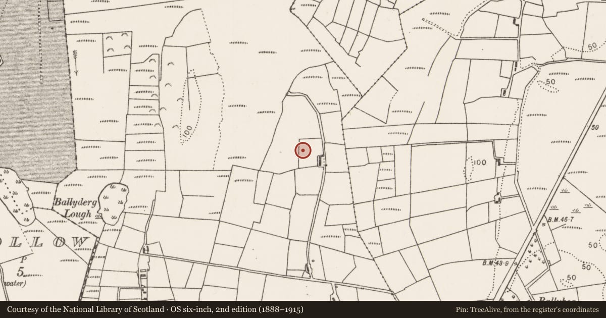 Ordnance Survey six-inch map, 2nd edition (1888–1915) covering the location of Enclosure, Ballyderg, County Mayo, with a pin at the register's coordinates