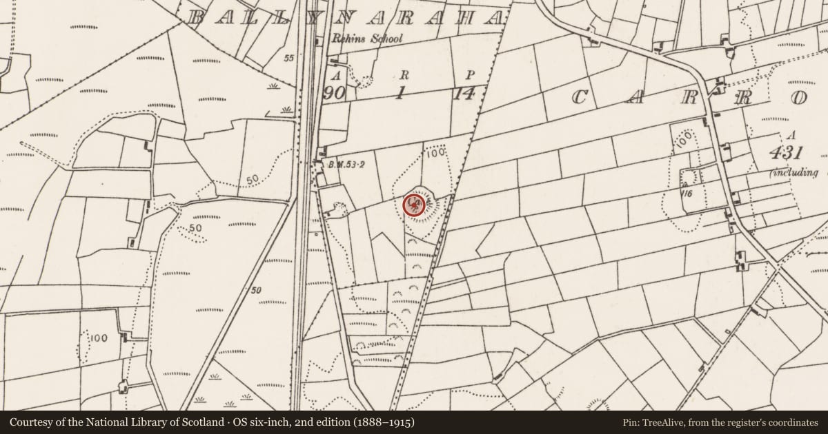 Ordnance Survey six-inch map, 2nd edition (1888–1915) covering the location of Souterrain, Ballynaraha, County Mayo, with a pin at the register's coordinates