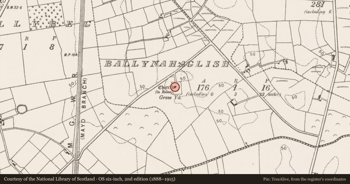 Ordnance Survey six-inch map, 2nd edition (1888–1915) covering the location of Church, Ballynahaglish, County Mayo, with a pin at the register's coordinates