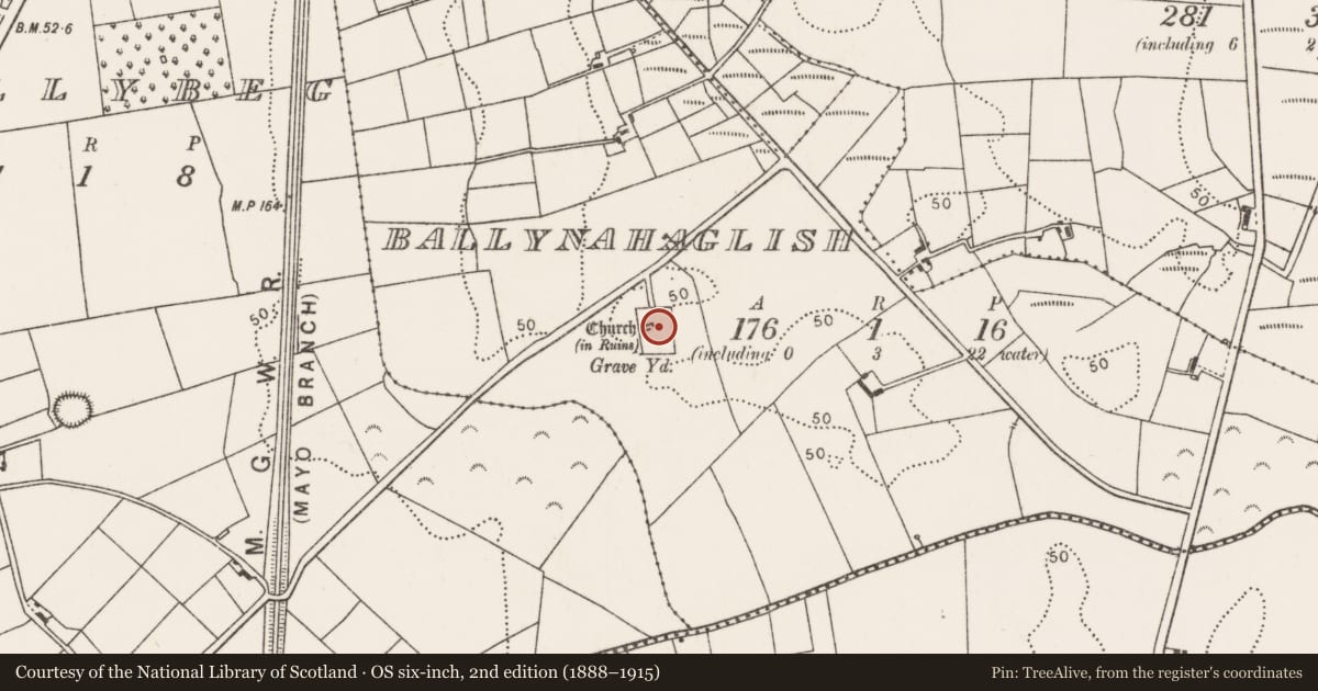 Ordnance Survey six-inch map, 2nd edition (1888–1915) covering the location of Graveyard, Ballynahaglish, County Mayo, with a pin at the register's coordinates