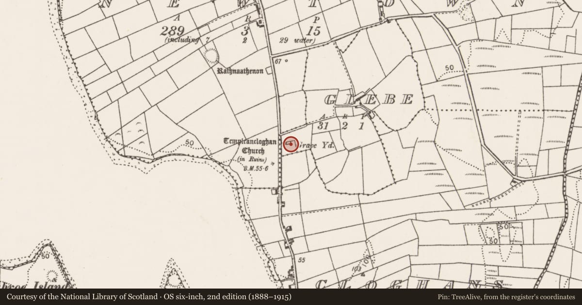Ordnance Survey six-inch map, 2nd edition (1888–1915) covering the location of Church, Glebe (Tirawley By., Kilbelfad Par.), County Mayo, with a pin at the register's coordinates