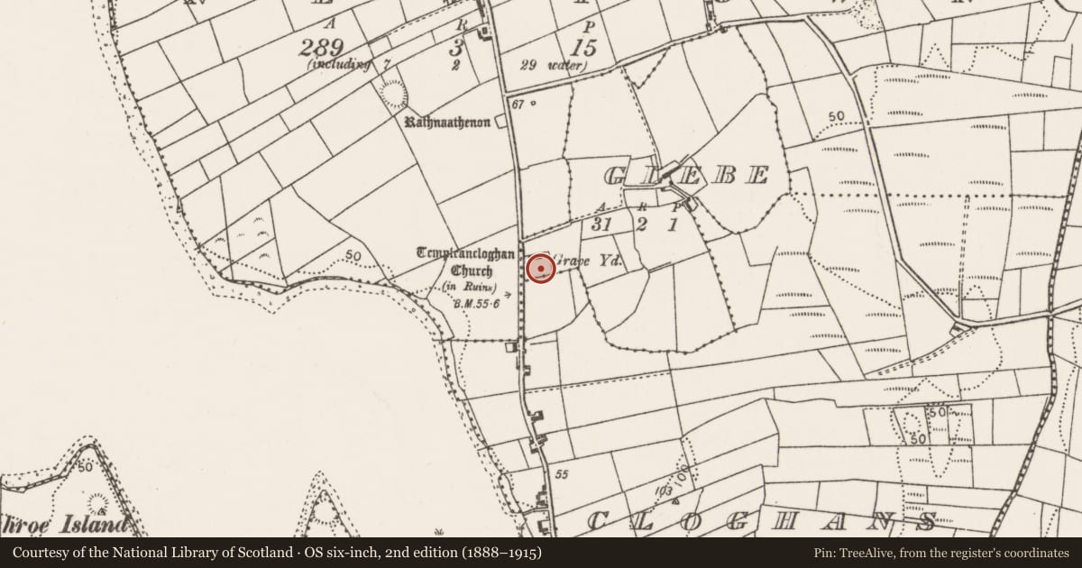 Ordnance Survey six-inch map, 2nd edition (1888–1915) covering the location of Graveyard, Glebe (Tirawley By., Kilbelfad Par.), County Mayo, with a pin at the register's coordinates