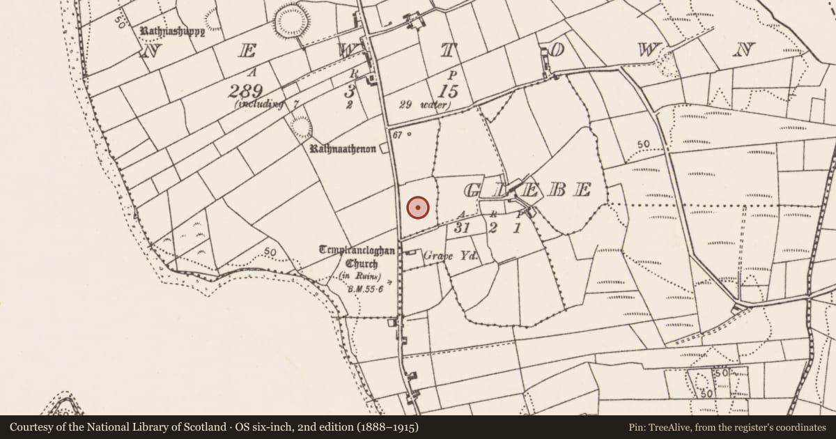 Ordnance Survey six-inch map, 2nd edition (1888–1915) covering the location of Burial ground, Newtown, County Mayo, with a pin at the register's coordinates