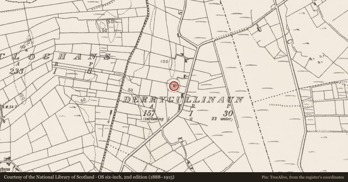 Ordnance Survey six-inch map, 2nd edition (1888–1915) covering the location of Ringfort - rath, Derrygullinaun, County Mayo, with a pin at the register's coordinates