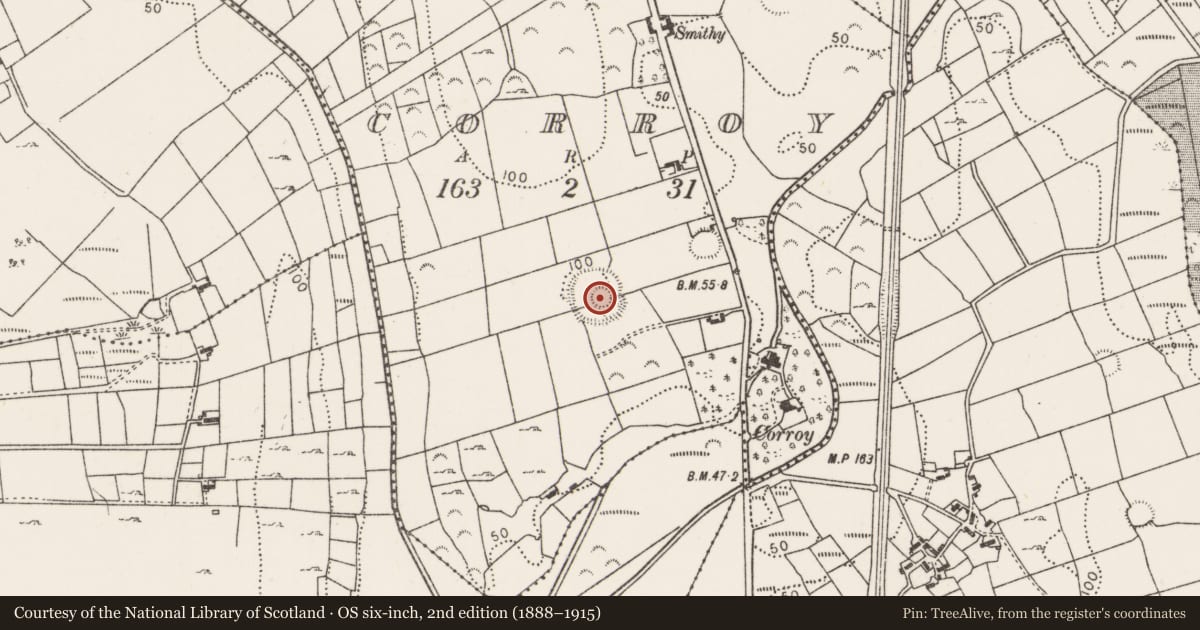Ordnance Survey six-inch map, 2nd edition (1888–1915) covering the location of Inscribed stone, Corroy, County Mayo, with a pin at the register's coordinates