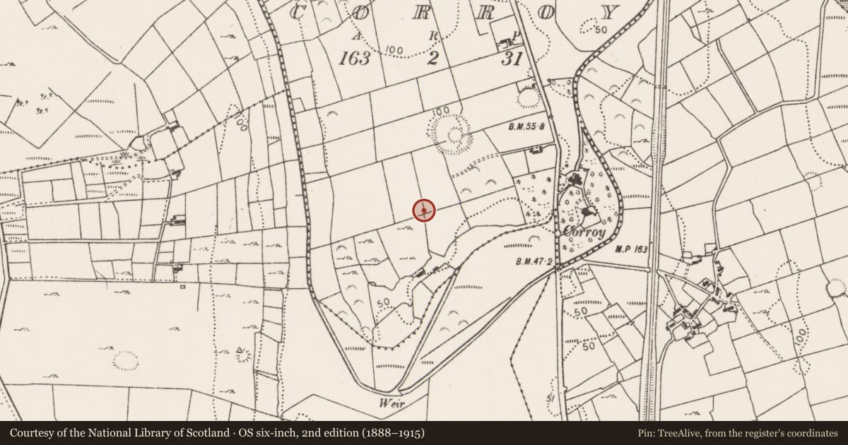 Ordnance Survey six-inch map, 2nd edition (1888–1915) covering the location of Earthwork, Corroy, County Mayo, with a pin at the register's coordinates